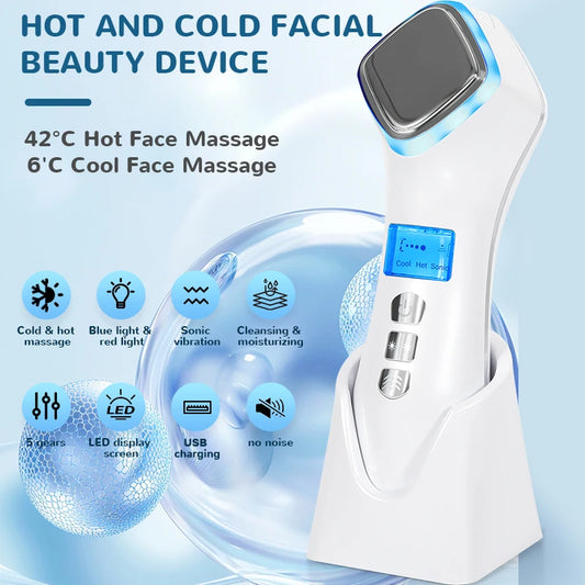 Hot & Cold Face Beauty Device with Red Blue Light Sonic Vibration Deep Cleansing Anti Aging Facial Lifting Massager for Home Use
